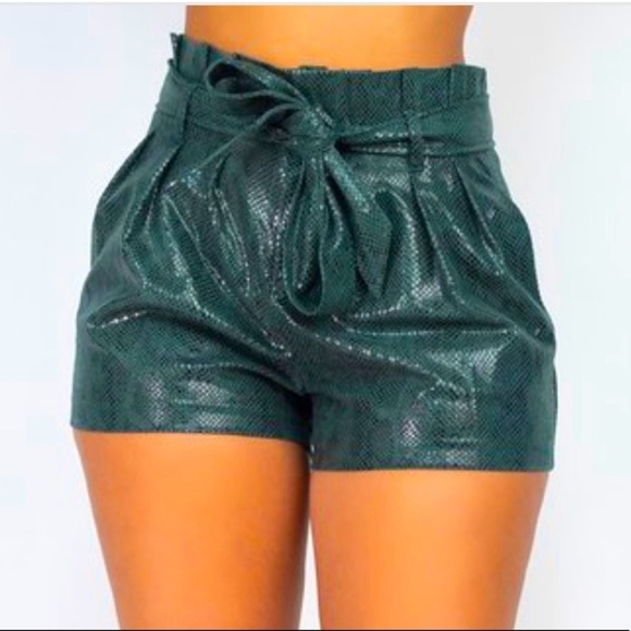 Dark Green Faux Leather Paper Bag High Waist Short - Picture 3 of 3